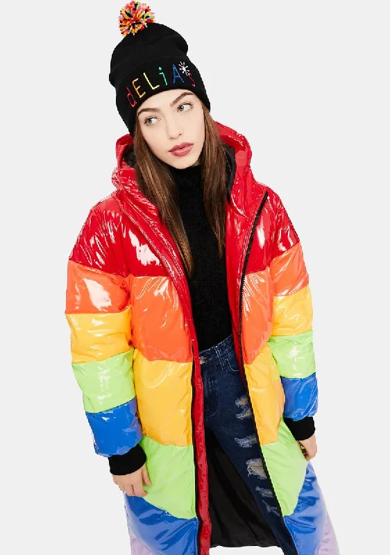 Women's Travel Outfit Set Sweet Retreat Rainbow Puffer Parka