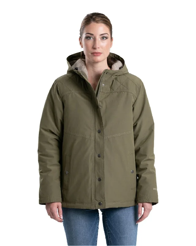 Women's Stylish Professional Garments Berne Womens Softstone Micro-Duck Hooded Burnt Olive Cotton Blend Coat