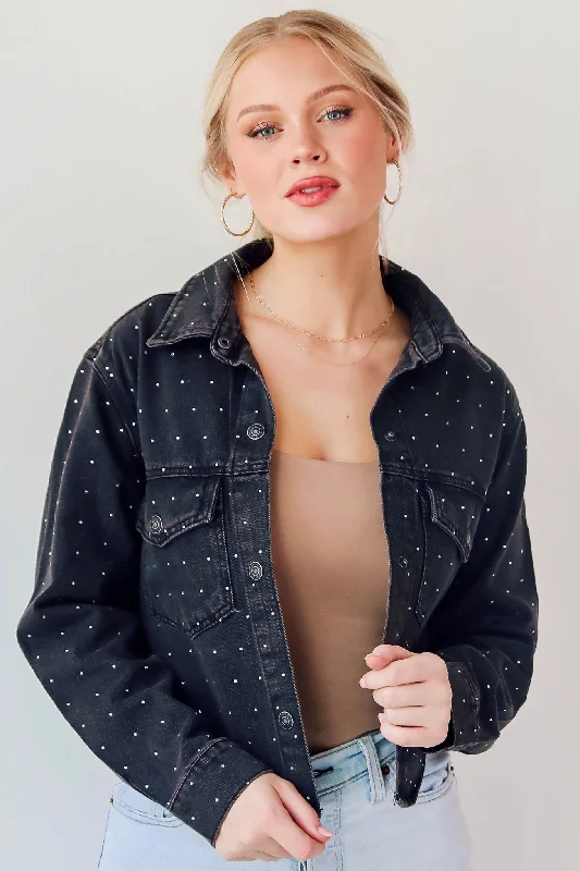 Affordable Women's Attire Dazzling Stunner Black Rhinestone Cropped Denim Jacket