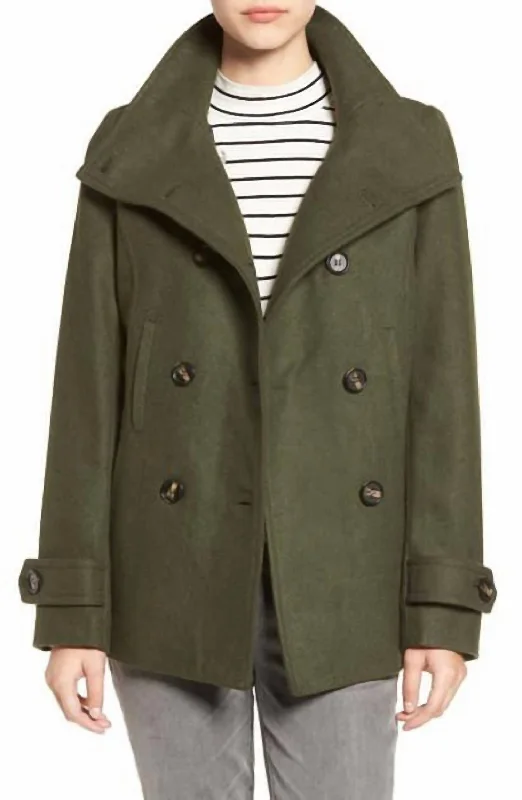 Women's Stylish Casual Garments Double Breasted Peacoat Hunter Jacket In Green