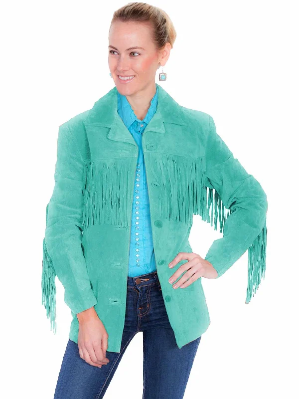 Women's Effortless Casual Outfit Scully Womens Notched Lapel Fringe Turquoise Leather Leather Jacket