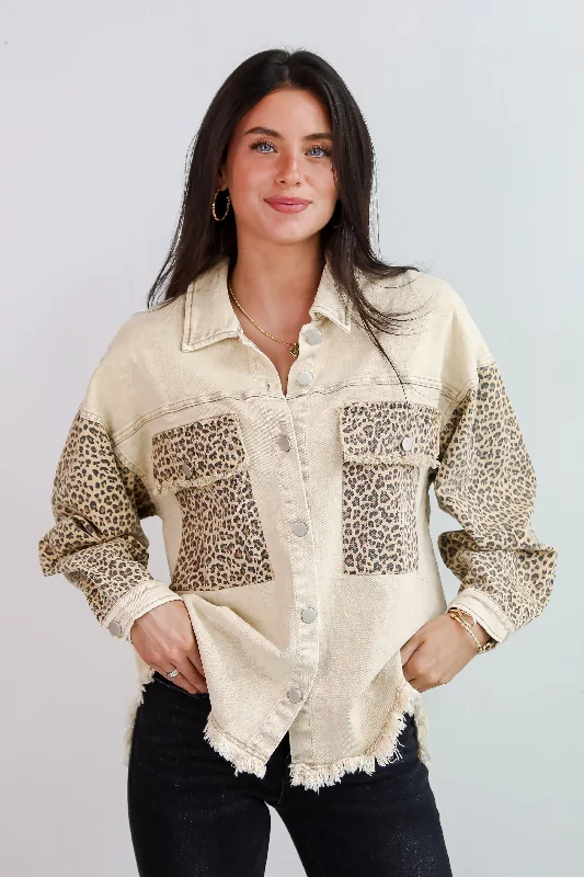 Women's Trendy Apparel Wildly Perfect Taupe Leopard Denim Jacket