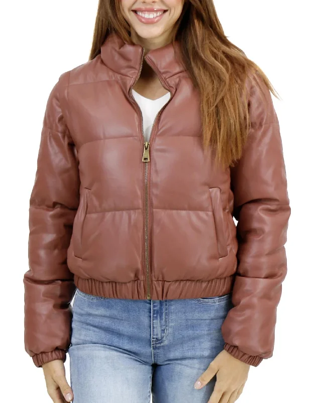 Modern Women's Outfit Butter Faux Leather Puffer Jacket/vest In Clay