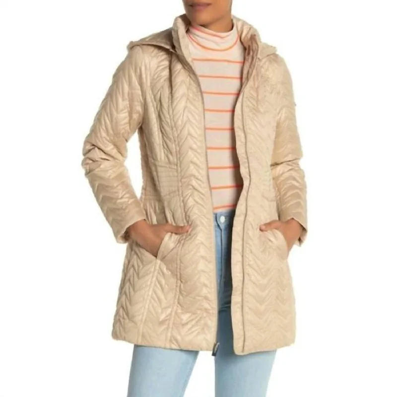 Women's Transitional Apparel Zigzag Quilted Mid-Length Detachable Hood Puffer Jacket In Beige