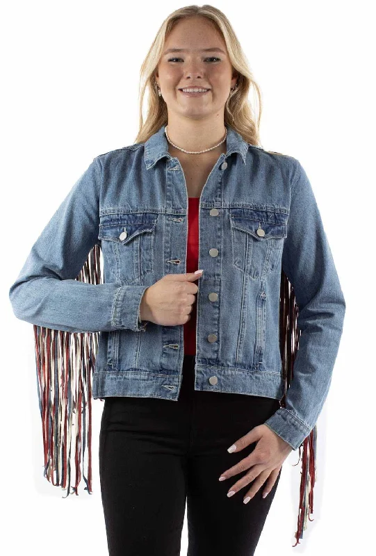 Women's Attire Scully Womens Americana Denim Fringe Red/White/Blue Cotton Blend Cotton Jacket