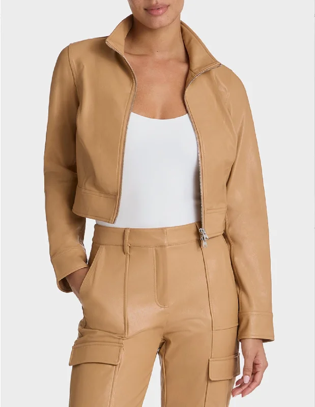 Women's Clothes And Garments Faux Leather Crop Biker Jacket In Camel