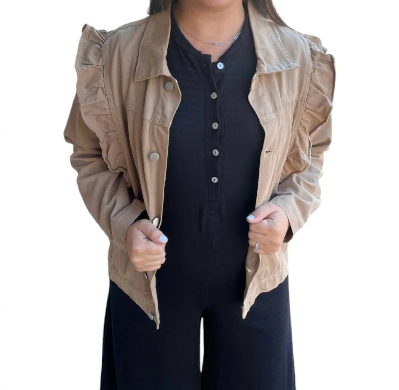 Women's Stylish Outdoor Outfit Ruffled Denim Jacket In Tan