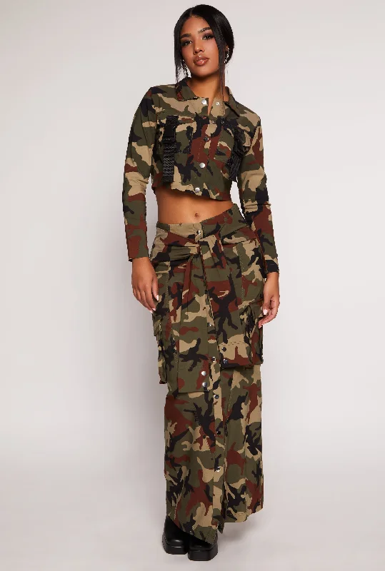 Women's Casual Garments Camo Tie Front Maxi Cargo Skirt