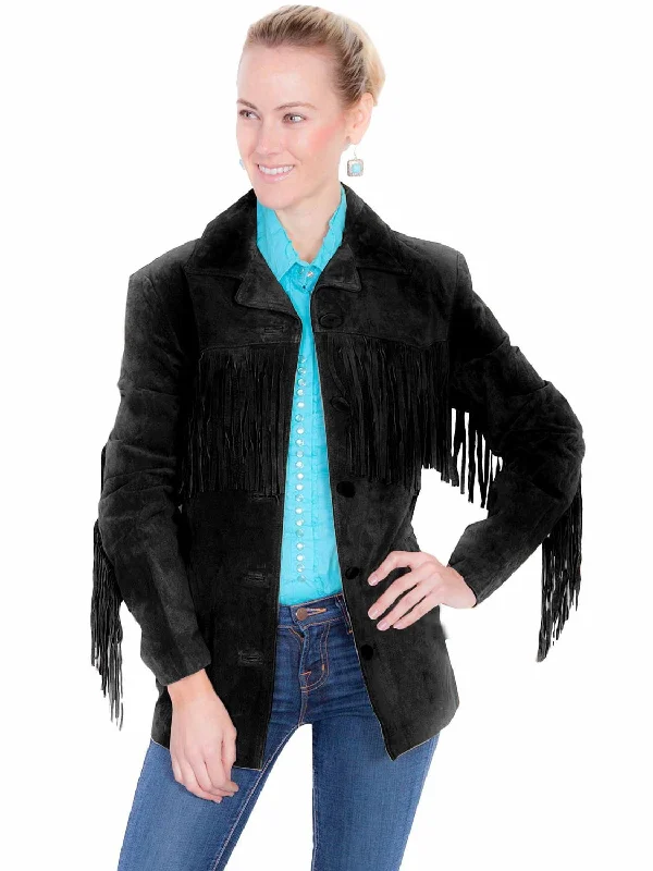 Fashionable Women's Outfit Scully Womens Notched Lapel Fringe Black Leather Leather Jacket XXL