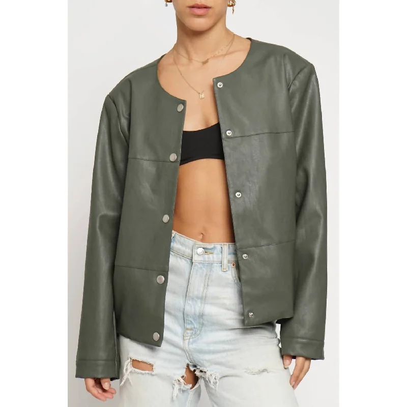 Women's Trendy Casual Outfit Faux Leather Cropped Jacket In Olive