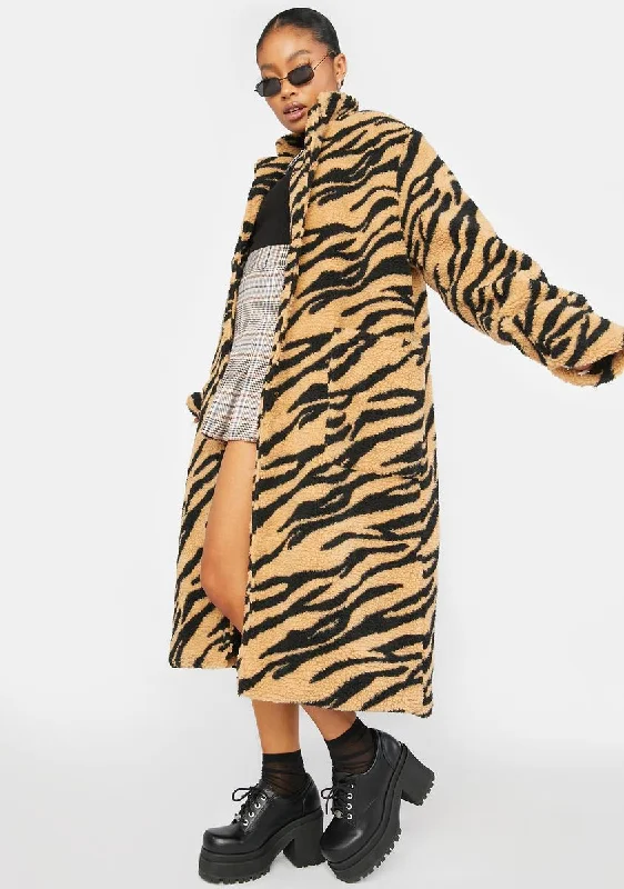 Women's Clothing For Casual Outings Tiger Sherpa Long Overcoat