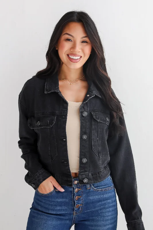 Women's Vintage Garments Stylish Staple Black Cropped Denim Jacket