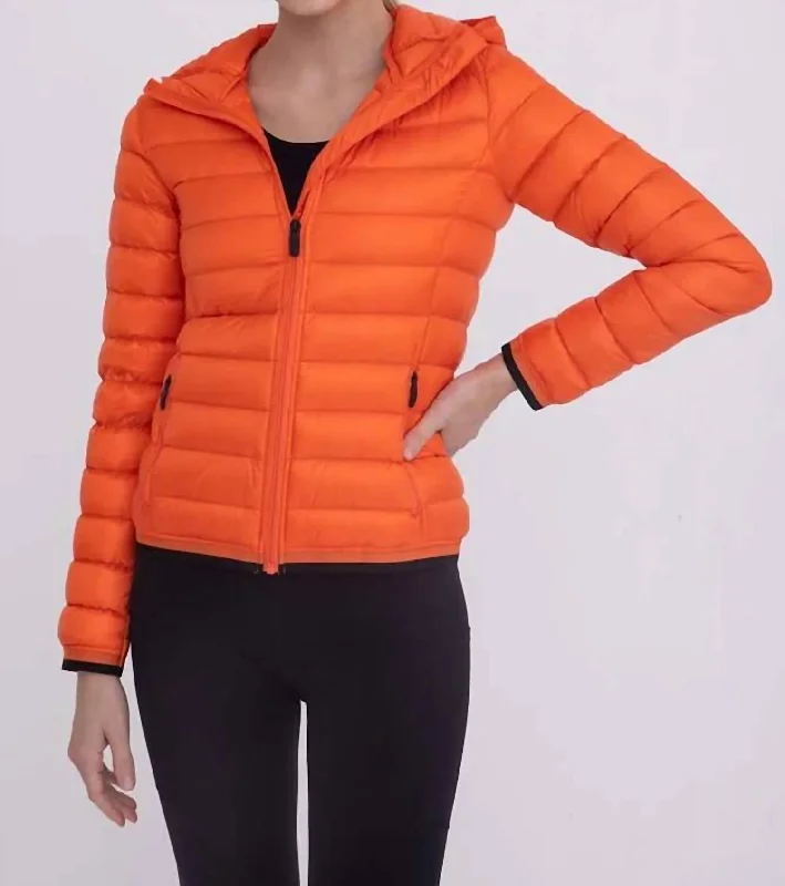 Charming Women's Outfit For Special Occasions Padded Puffer Jacket With Hood In Orange