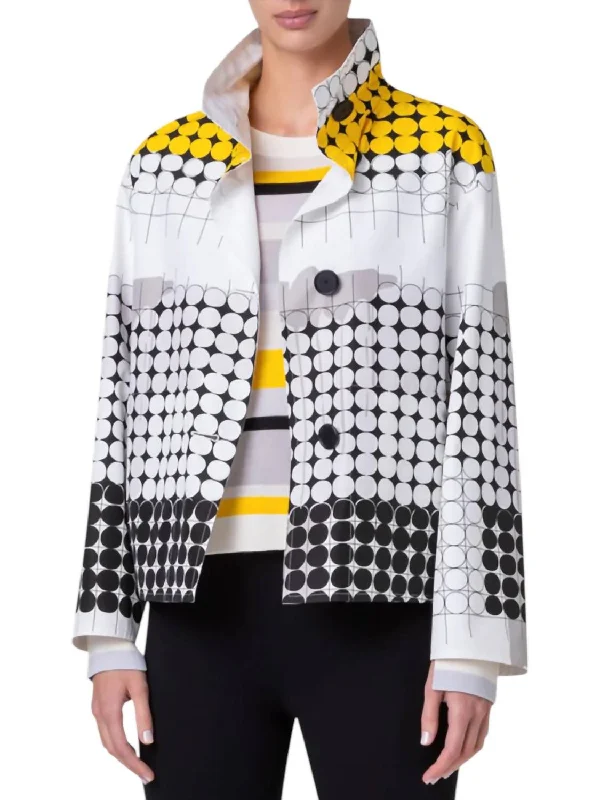 Women's Comfy Attire For Lounging Skyscraper Facade Print Techno Taffeta Short Jacket In Cream/tin/yellow