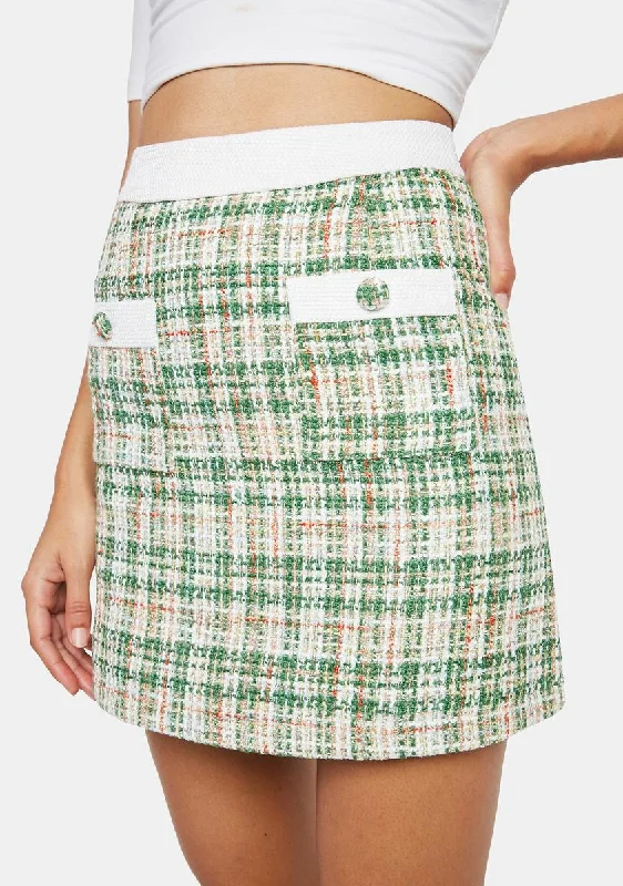 Women's Office Clothing Green White Tweed Mini Skirt