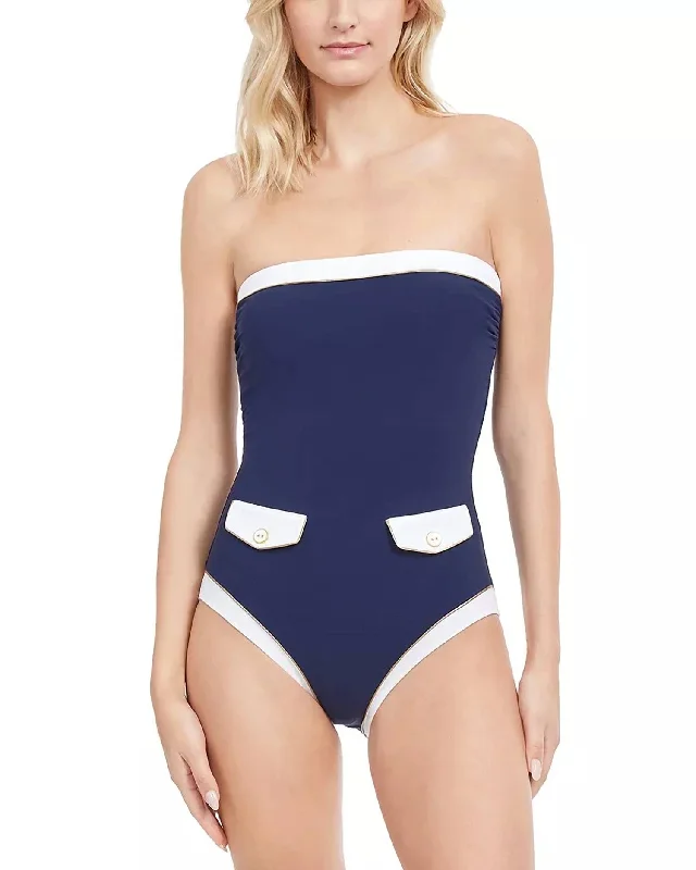 Women's Trendy Casual Outfit High Class Bandeau One Piece Swimsuit In Navy/white