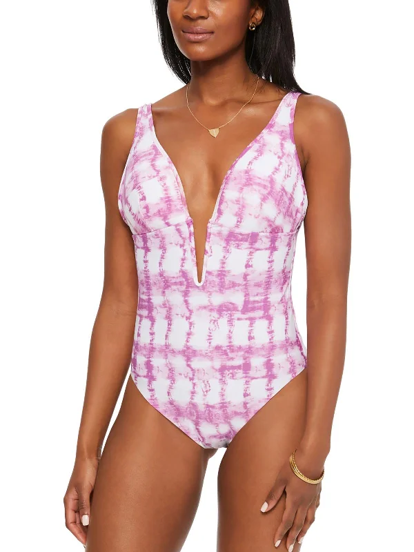 Women's Contemporary Clothing Womens Tie-Dye Plunging One-Piece Swimsuit