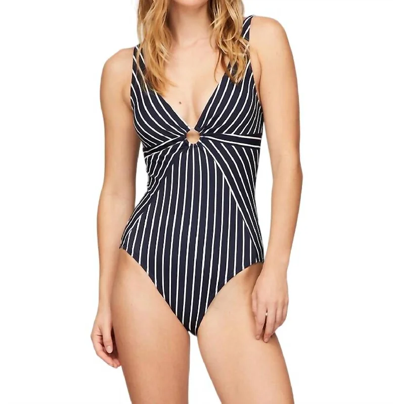 Women's Floral Print Outfit Stripe Ring One-Piece Swimsuit In Navy And White