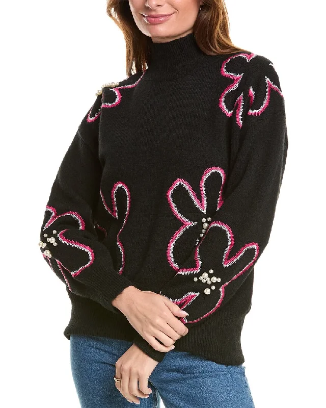 Sustainable Women's Clothes Gracia Flower Embroidered Mock Neck Sweater