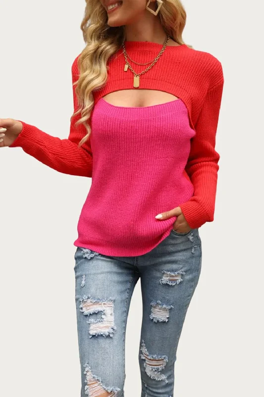 Women's Holiday Attire Two-Tone Colorblock Cutout Sweater In Red/hot Pink