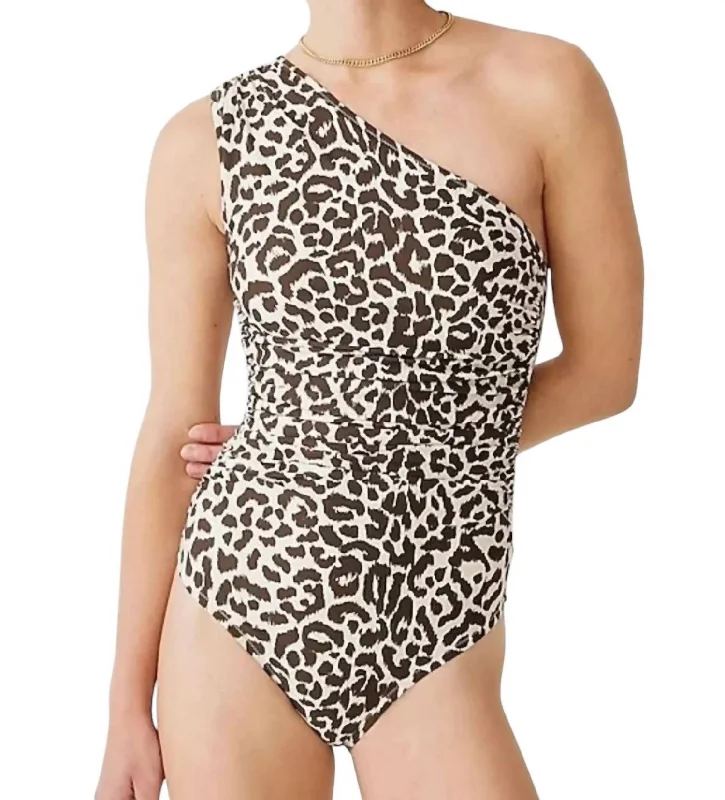 Women's Office Outfit Leopard Print One Shoulder Ruched One Piece Swimsuit In Mwh