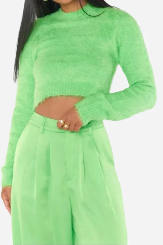 Women's Elegant Clothes Show Me Your Mumu Cropped Varsity Sweater in Bright Green Fuzzy Knit