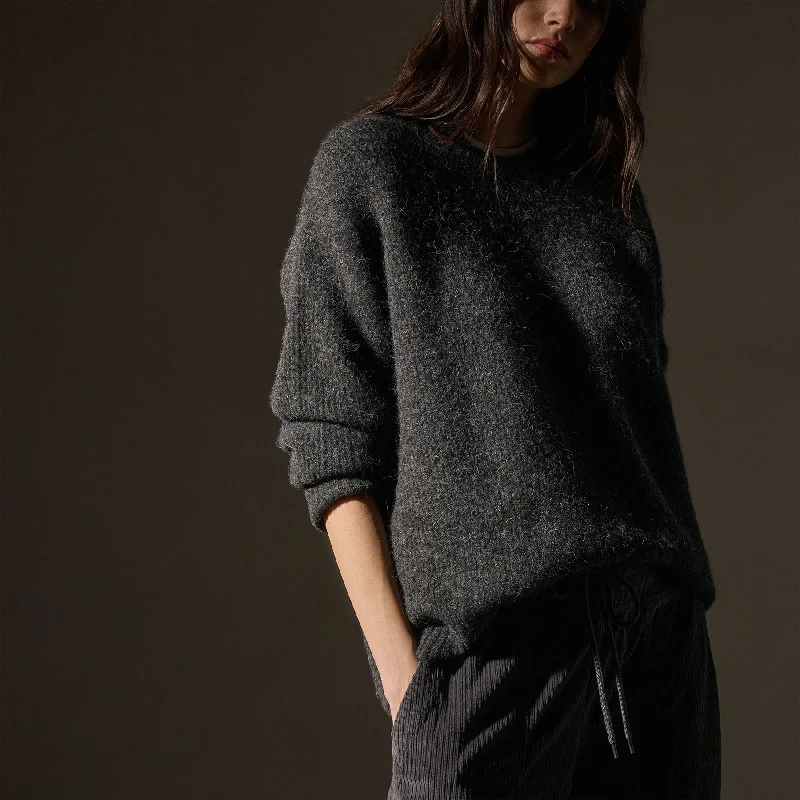 Women's Trendy Activewear Apparel Oversized Waffle Knit Crew - Anthracite