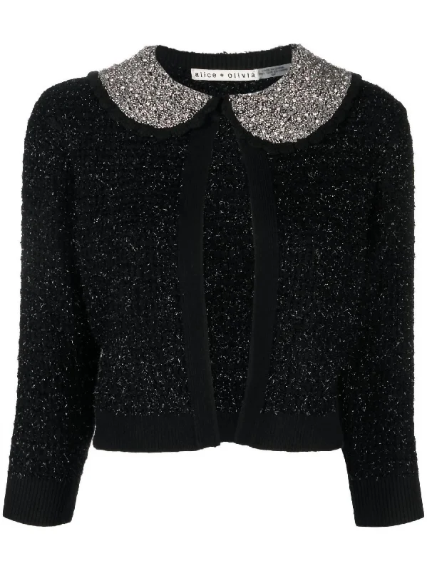 Women's Evening Garments Akira Textured With Embellished Crystals Top Cardigan in Black Metallic