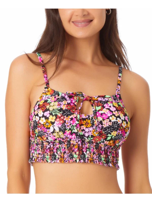 Women's Fashion-Forward Apparel Juniors Womens Floral Print Tie Neck Bikini Swim Top