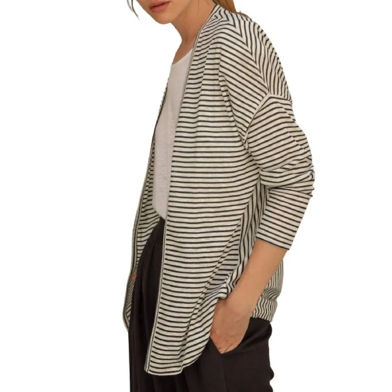 Women's Trendy Casual Clothes Linen Stripe Front Open Jacket In Black/white