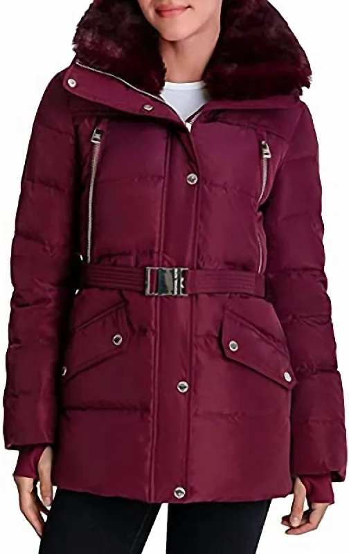 Women's Plus-Size Casual Outfit Belted Down Quilted Jacket Coat In Dark Ruby