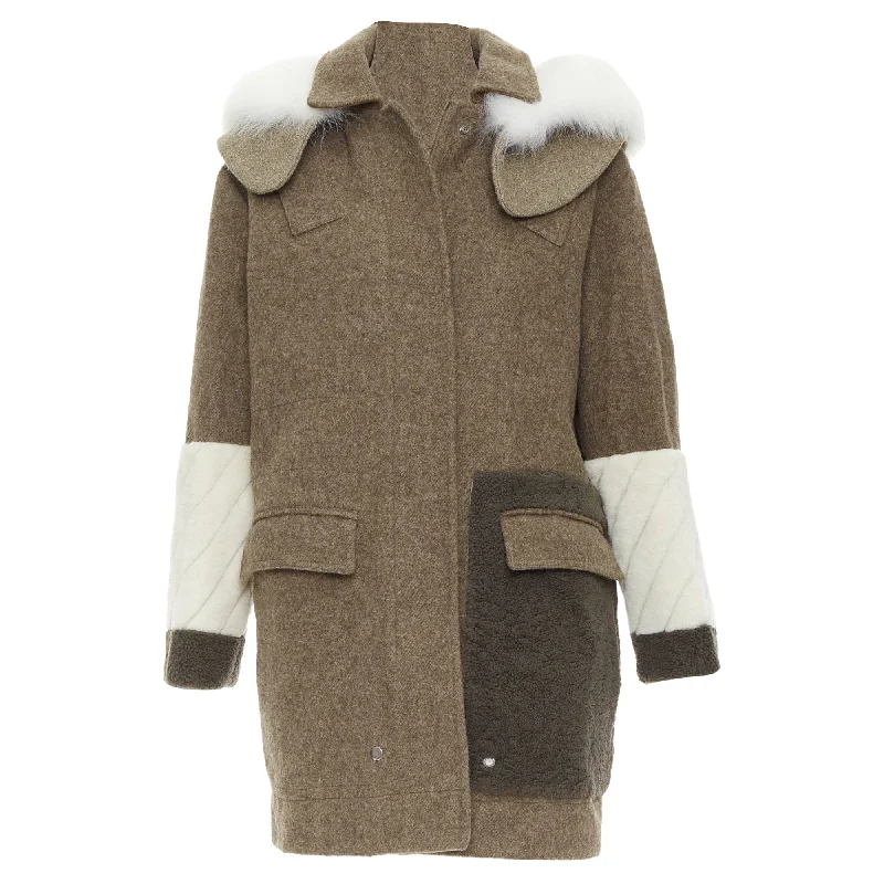 Women's Weekend Outfit Fendi colorblocked brown wool patchwork fur hooded parka coat