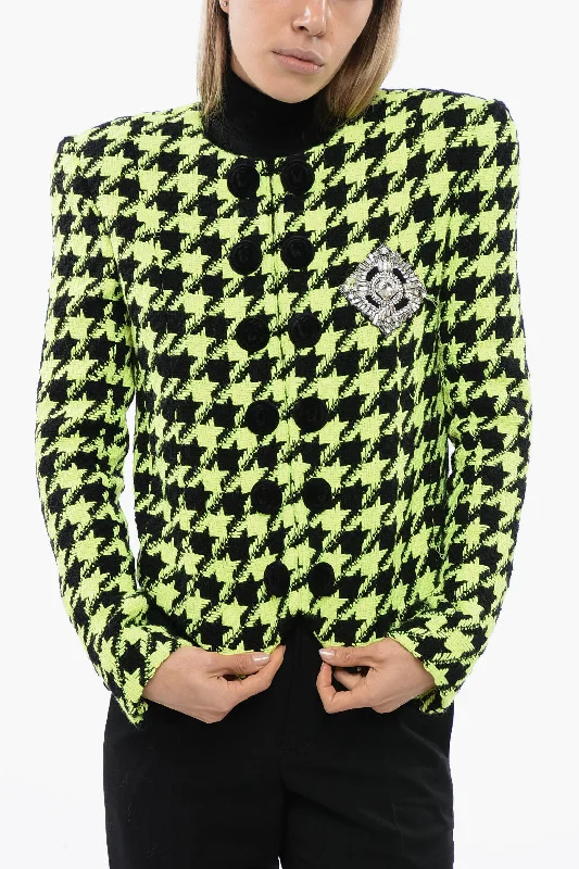 Formal Clothing For Women Balmain Neon Houndstooth Tweed Jacket With Velvet Buttons