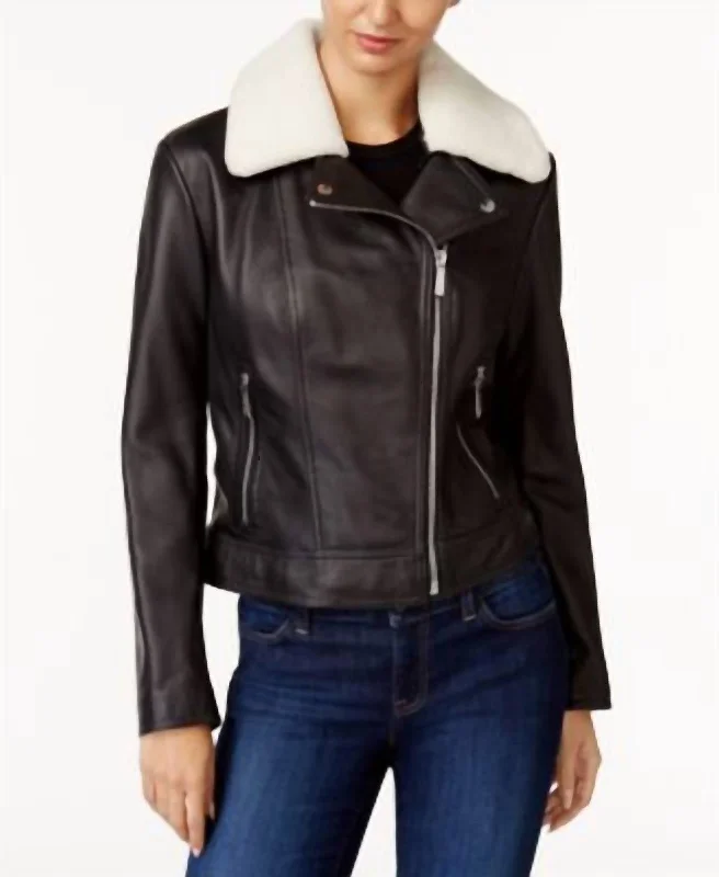 Women's Vacation Garments Shearling Collar Leather Jacket In Black