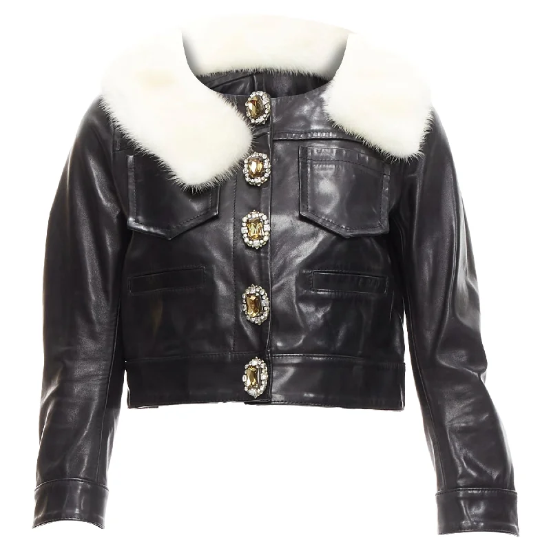 Women's Work Outfit Dsquared2 asymmetric fur collar jewel button cropped leather jacket