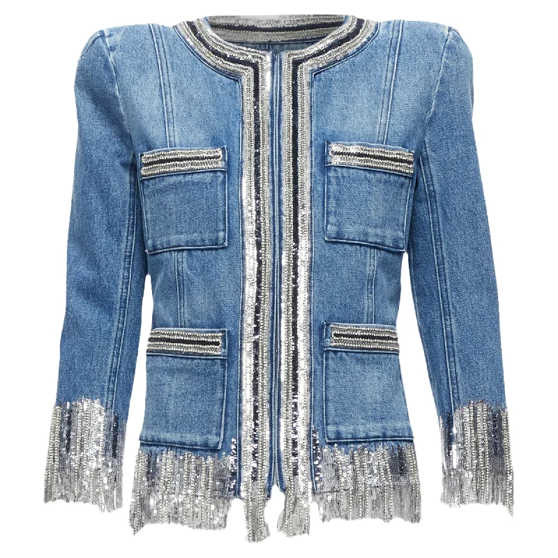 Women's Charming Outfit For Events Balmain Washed Cotton Denim Silver Crystal Embellished Trim Jacket