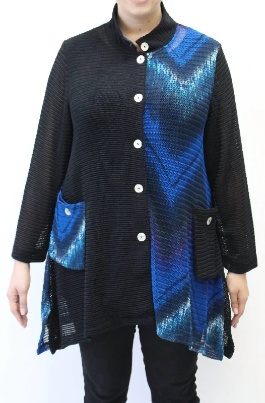 Women's Contemporary Clothing Mandarin Loose Weave Knit Jacket - Plus In Blue & Black