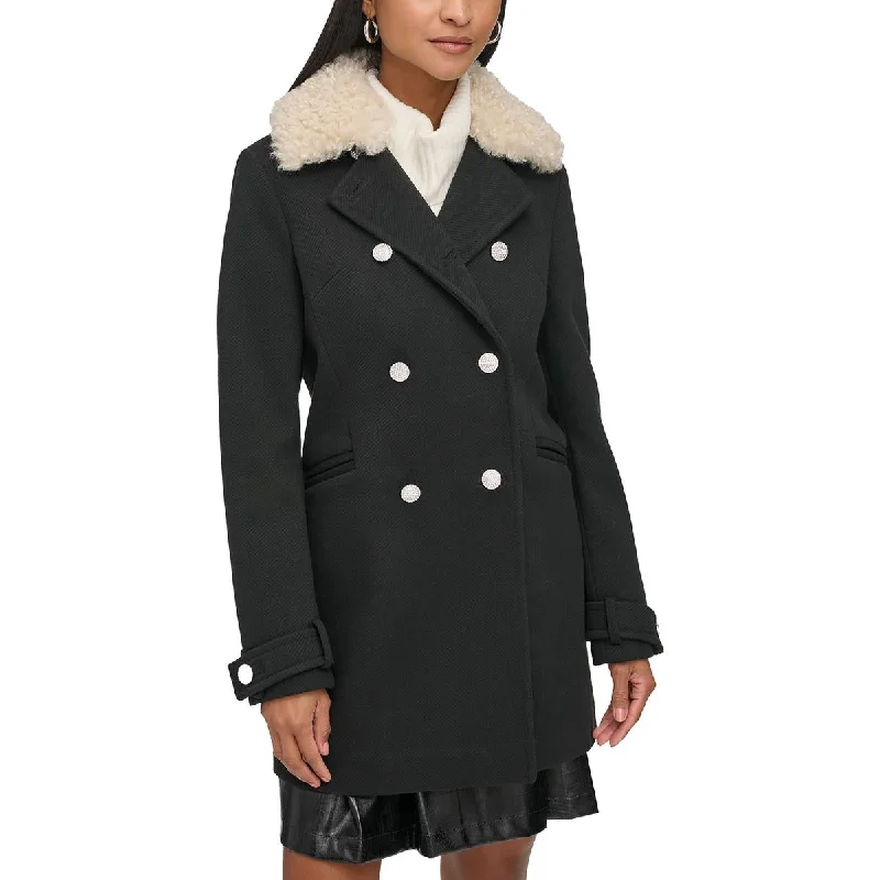 Modern Women's Apparel Womens Double Breasted Faux Fur Collar Pea Coat