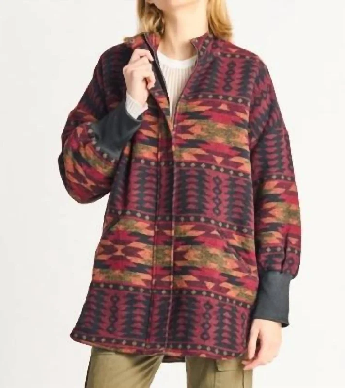 Casual Outfit For Women Geo Zip Front Printed Jacket In Afghan Burgundy Geo