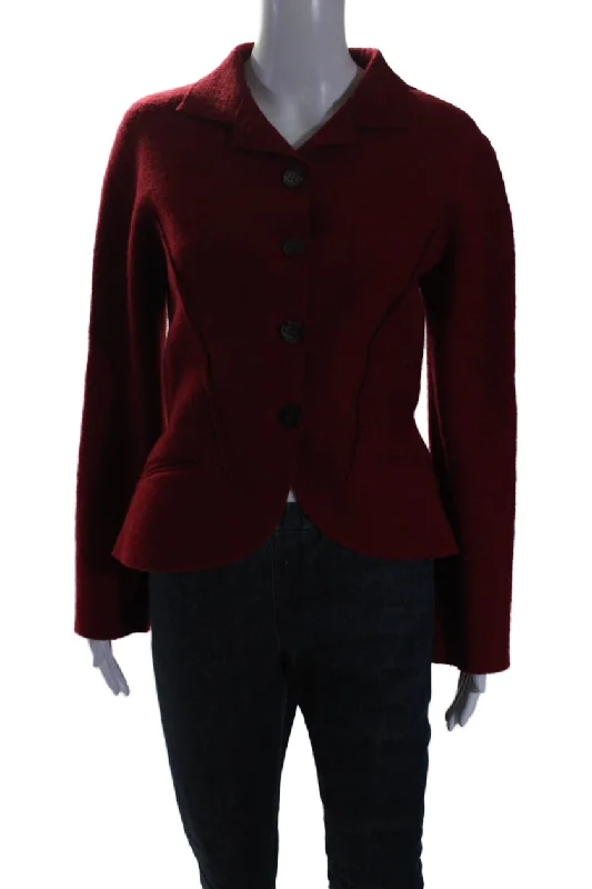 Women's Effortless Casual Outfit Balmain Womens Wool Collared Long Sleeve Button Up Jacket Red