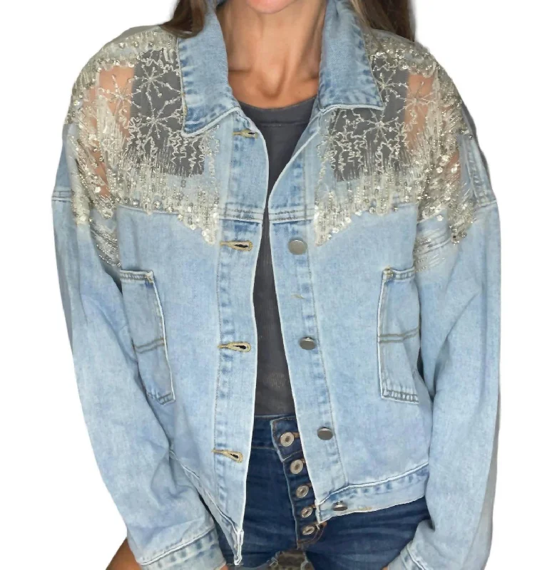 Women's Professional Clothes Mesh Denim Jacket In Blue