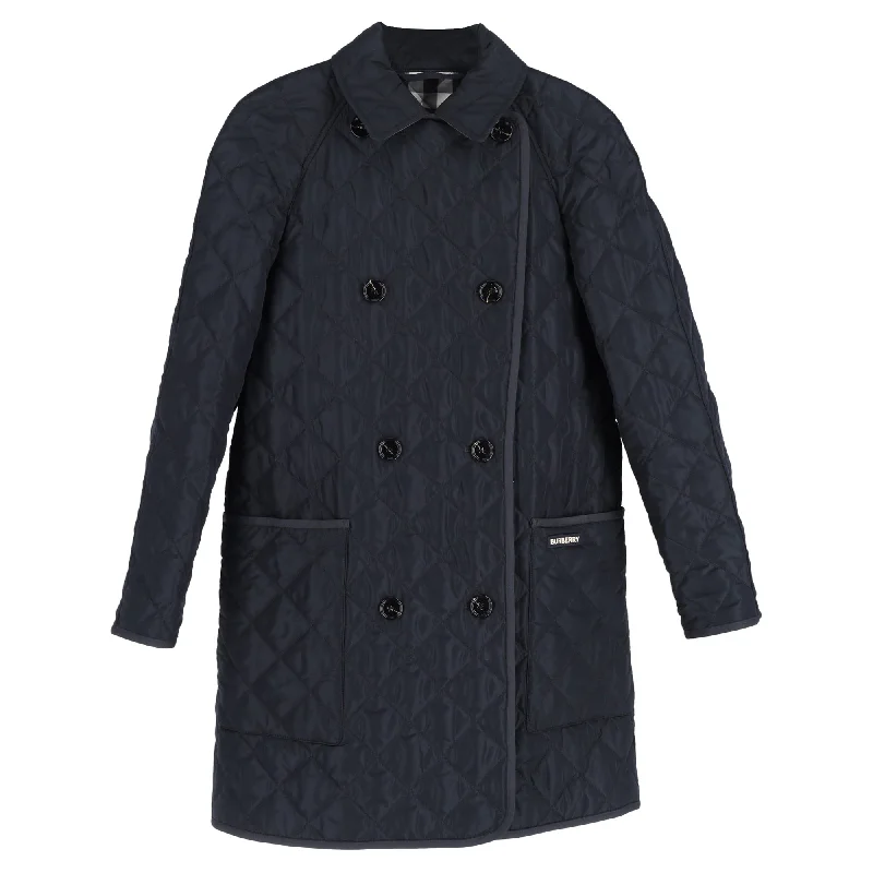 Women's Trendy Activewear Apparel Burberry Quilted Double-Breasted Down Coat in Navy Blue Polyester