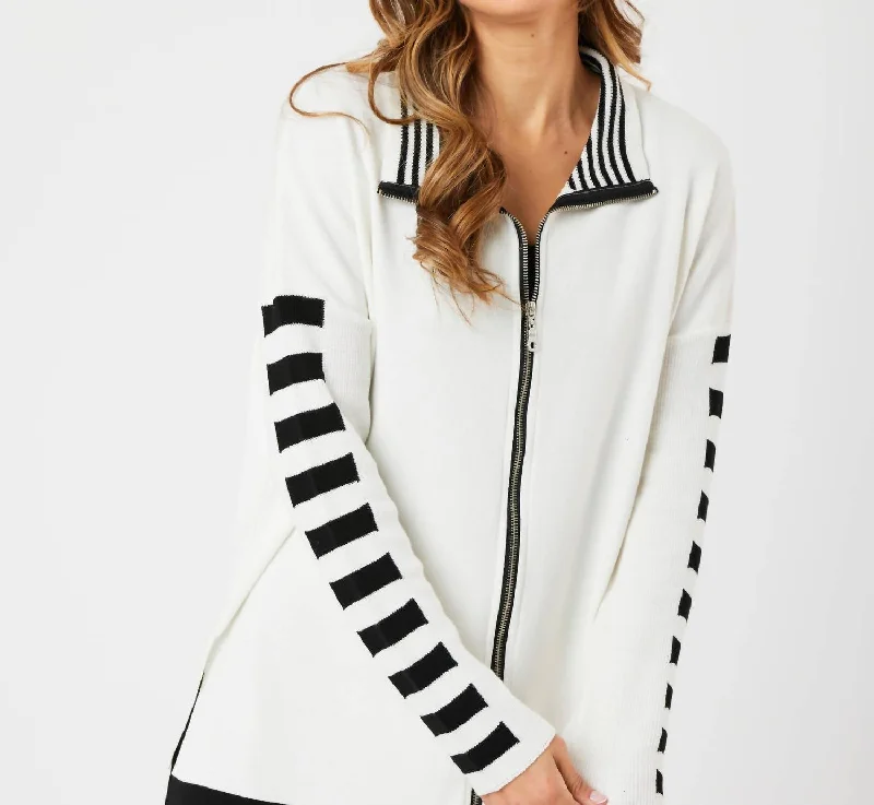 Elegant Women's Evening Garments Stripe Sleeve Zip Jacket In Ivory/black