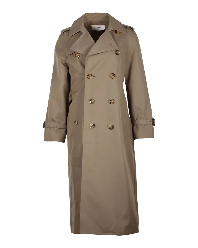 Chic Women's Outfit Celine Double-Breasted Trench Coat in Beige Cotton