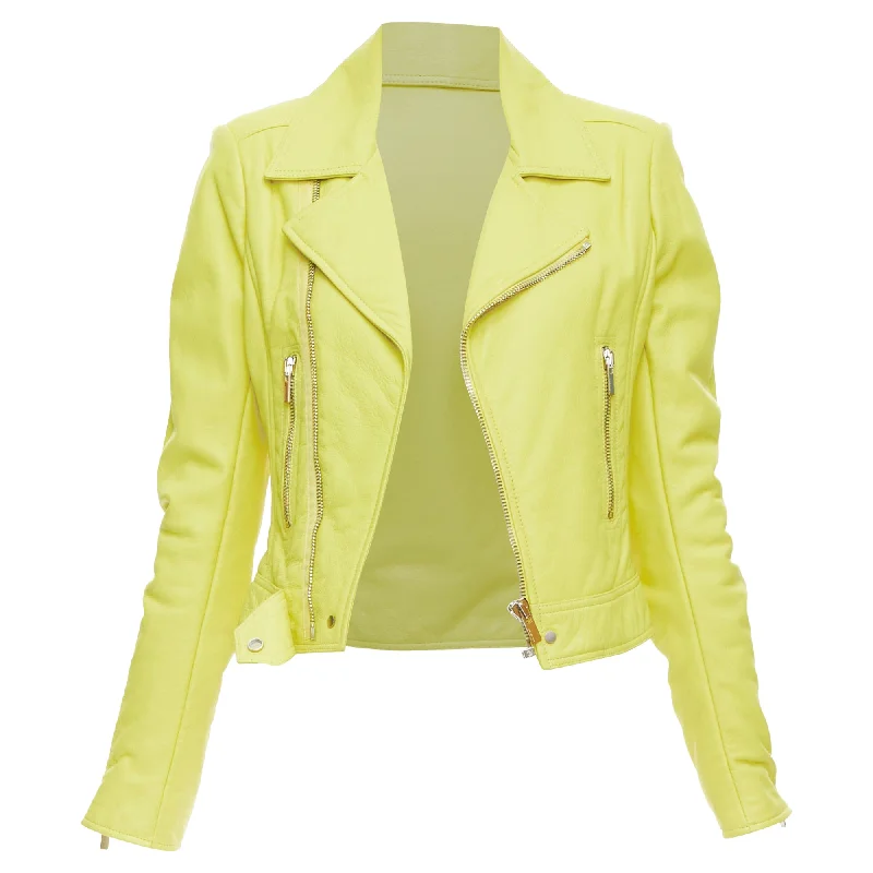 Women's Evening Clothes Balenciaga yellow lambskin leather crop biker jacket