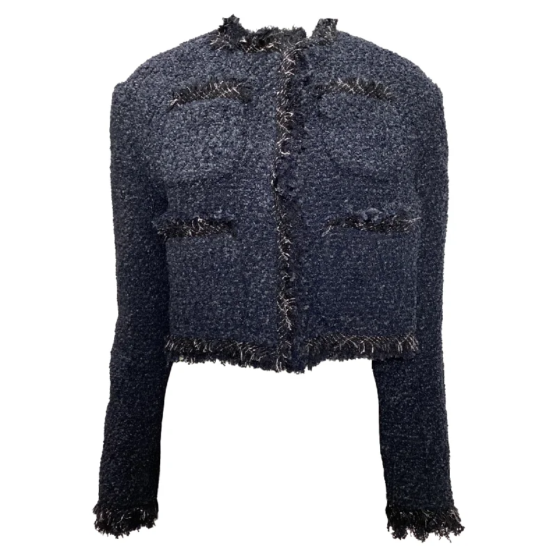 Women's Cozy Outfit For Lounging Sacai Four-Pocket Tweed Cropped Jacket in Navy Blue Nylon