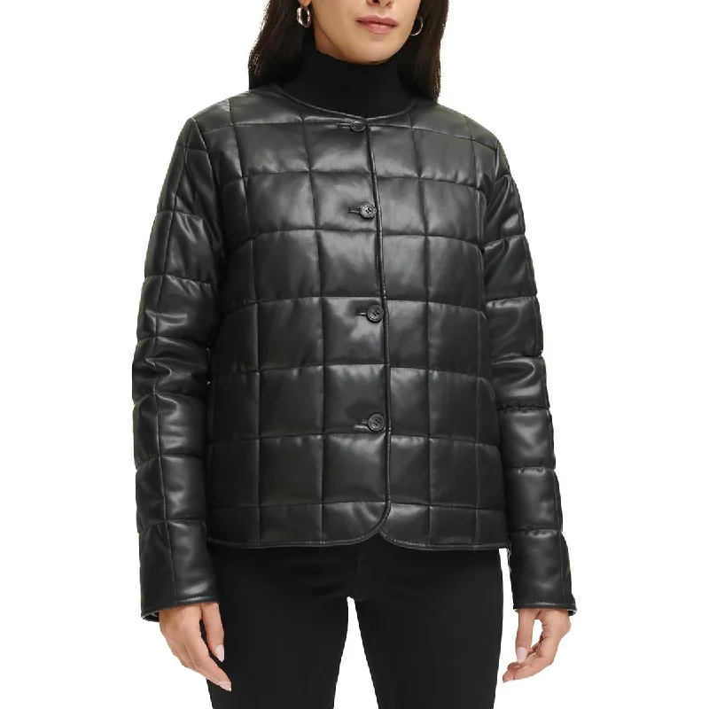 Women's Evening Outfit Womens Quiled Faux Leather Puffer Jacket