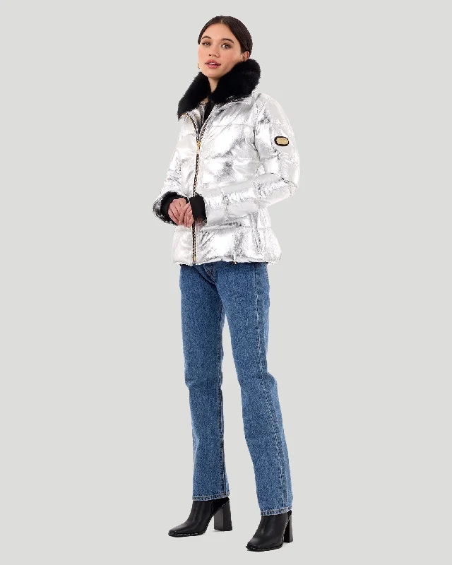 Women's Occasion Wear Clothes Metallic Apres-Ski Jacket with Detachable Toscana Shearling Lamb Collar