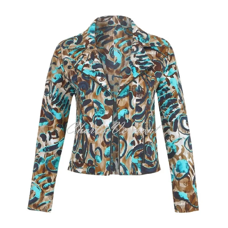 Women's Casual Garments Knit Abstract Moto Jacket In Brown, Aqua, Multi