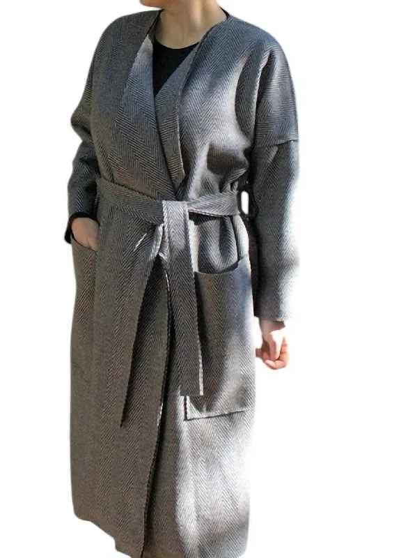 Women's Casual Wear Outfit Belted Tie Coat In Herringbone Pattern In Light Grey